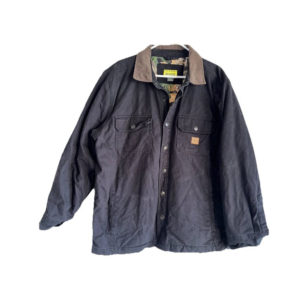 BRAZOS Work Force Men's Black Chore Coat Sz L Corduroy Collar Camo Lining